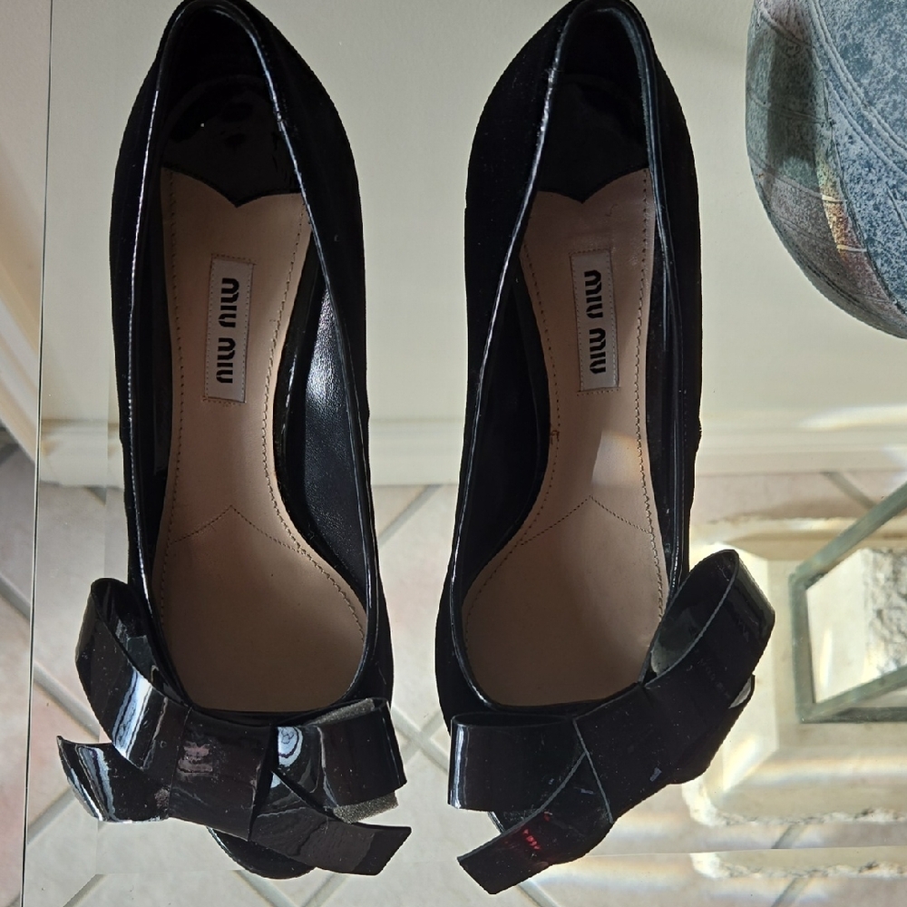 Miu Miu Black Velvet, Patent Bow, Leather Heels